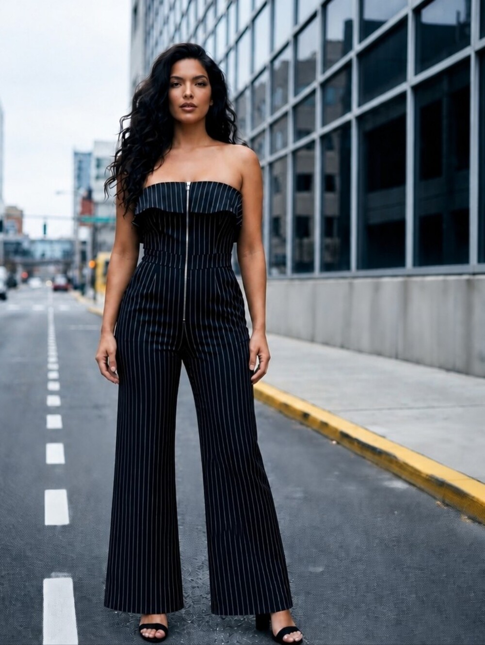 Julia by LoveJ Pinstripe Strapless Wide Leg Jumpsuit - Size M